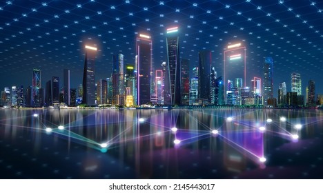 Smart city and abstract polygon pattern connection with speed line light, big data connection technology concept. Photorealistic 3D rendering