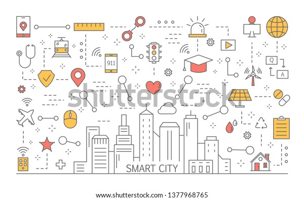 Smart city concept. Idea of\
modern technology. Optimized infrasrtucture and futuristic\
lifestyle. Digital connection between devices. Isolated flat \
illustration