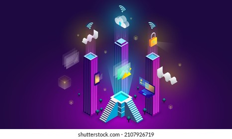 Smart City Concept Infographic, Edge Computing. Intelligent Building Isometric Vector Illustration. People Network Shared Wifi Services, Computer Technology, Blockchain, Cyber Security