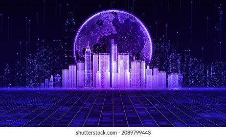 The smart city of cyberspace and metaverse digital data of futuristic and technology, Internet and big data of cloud computing, 5g connection data analysis background concept. 3d rendering