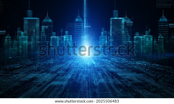 The smart city of Futuristic technology\
internet and big data 5g connection. Technology digital data\
network connection abstract\
background