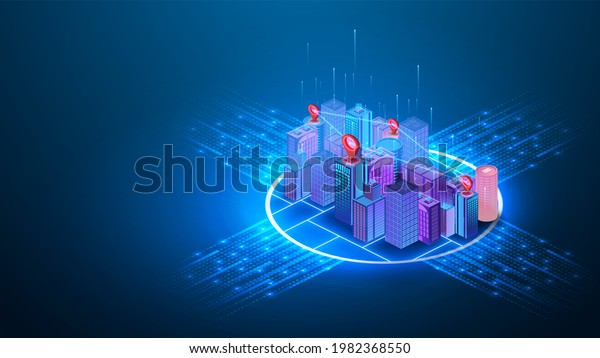 Smart city or intelligent building isometric\
 concept. Building automation with computer networking\
illustration. Engineering systems, safety Abstract 3d city\
environment with new\
technologies