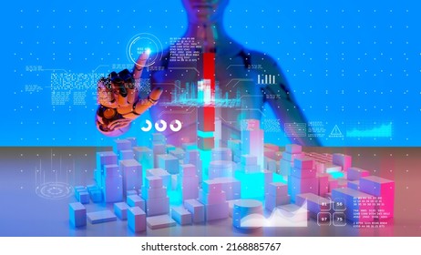 Smart City Metaverse Future Digital World Technology Ai Artificial Intelligence IoT Technology, Automated 3D Robot Avatar Working With City Building Model In Metaverse Cyberspace 