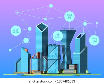 Smart city. Skyscrapers in urban landscape high technology environment wireless cityscape background picture - Powered by Shutterstock