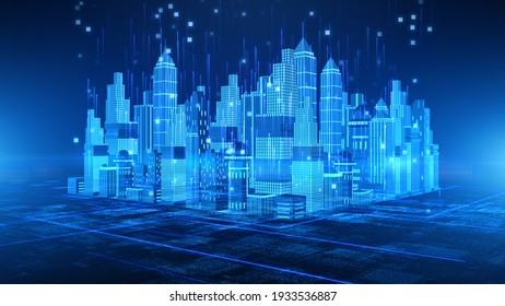 Smart City With Technology 5g Communication. Futuristic Digital Data Network Connected. Internet Of Things Background Concept. 3d Rendering
