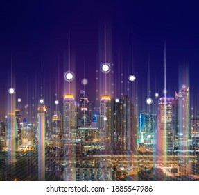 Smart city wireless communication network gradient line, Big data connection technology and communication network concept. - Shutterstock ID 1885547986