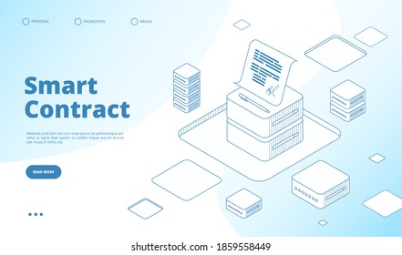 Smart Contract Concept. Ethereum Cryptography Technology. Contractor Agreement With Digital Signature Isometric Landing Page