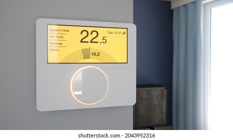 Smart Digital, Programmable Thermostat In The Room, 3D Illustration