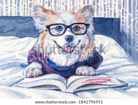 Smart dog with glasses reading a book. Bedroom with bed. Cute puppy. Home pet. Watercolor painting. 