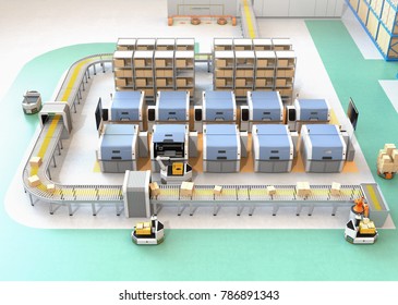 Smart Factory Equipped With AGV, Robot Carrier, 3D Printers And Robotic Picking System. 3D Rendering Image.