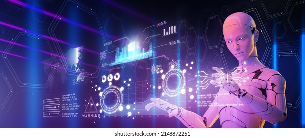 Smart Factory, Industry 4.0, M2M Computer Aided Manufacturing , 3D Humanoid Robot Working In Factory Production Line With Machine, AI Future Industry Engineering