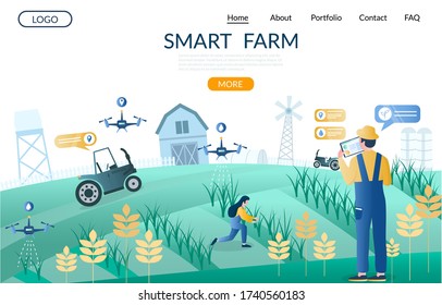 Smart Farm Website Template, Web Page And Landing Page Design For Website And Mobile Site Development. Unmanned Aerial Vehicles Drones, Iot Smart Farming Technology In Agriculture.