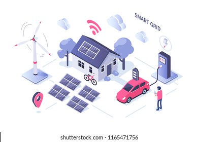 Smart Grid Concept Design. Can Use For Web Banner, Infographics, Hero Images. Flat Isometric Illustration Isolated On White Background.