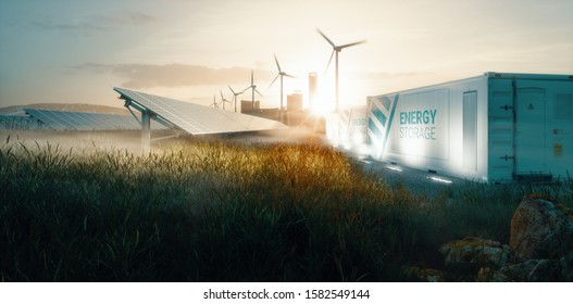 Smart Grid Renewable Energy System Solution For Future Smart Cities At Sunset. 3d Rendering