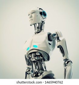 Smart handsome robot man torso with an open mechanical digestive system, 3d rendering