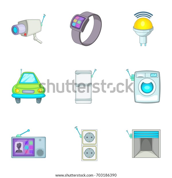Smart home best automatic\
electronic devices icons set. Cartoon set of 9 smart home best\
automatic electronic devices  icons for web isolated on white\
background