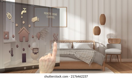 Smart Home Control Concept, Hand Controlling Digital Interface From Mobile App. Background Showing Modern Wooden Bedroom With Frame Mockup, Wallpaper, Architecture Interior Design, 3d Illustration