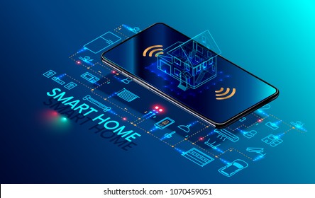 Smart Home Controlled Smartphone. Internet Of Things Technology Of Home Automation System. Small House Standing On Screen Mobile Phone And Wireless Connections With Icons Home Electronics Devices. Iot