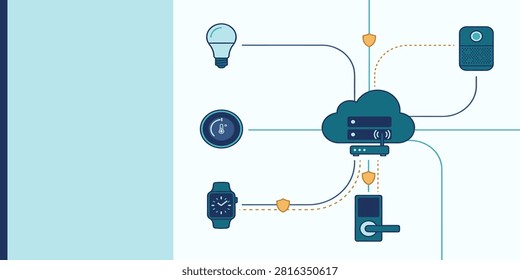 Smart Home IoT Security Technology Illustration with Connected Devices—Ideal for Home Automation and Cybersecurity Design