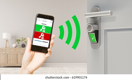 Smart Home With Smart Lock Door Controlled With Smartphone App (3D Rendering)