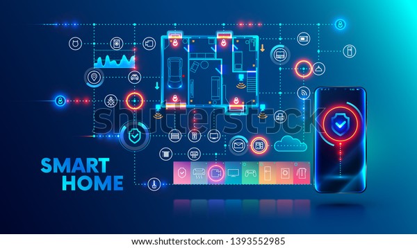 Smart home system concept. Phone controls house\
appliances and security via wireless network communication.\
Internet of things technology background with smartphone, icons\
devices, plan\
building.