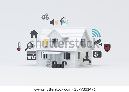 Smart home technology concept featuring a modern house with various icons representing automation, security, and energy efficiency solutions. 3d rendering.