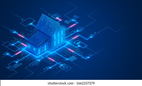 Smart home technology conceptual banner. Building consists digits and connected with icons of domestic smart devices. illustration concept of System intelligent control house on blue background. IOT.