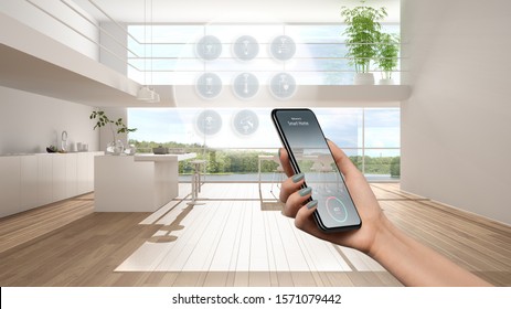 Smarthome-Technologie-Schnittstelle auf Telefon-App, erweiterte Realität, Internet der Dinge, Innenarchitektur der modernen Küche mit verbundenen Objekten, Frau mit Fernbediengerät, 3D-Illustration