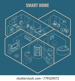 Smart House Concept 3d Isometric Blueprint Illustration. Cutaway Home Interior With Smart Phone Controlled Household And Bathroom Appliances.