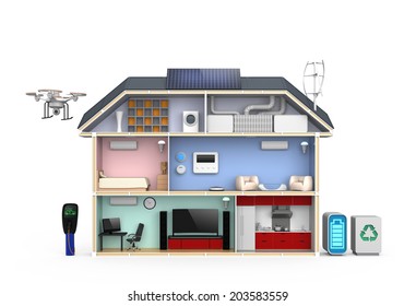 Smart House With Energy Efficient Appliances, Solar Panel And Wind Power Generator. (No Text)