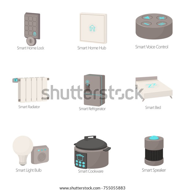 Smart house icons set.\
Cartoon set of 9 smart house  icons for web isolated on white\
background
