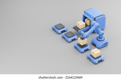 Smart industry production factory warehouse logistic and transport Future Technology. Engineer operating vehicle autonomous guided  robot AGV system robotic arm carry cardboard box. 3d rendering.