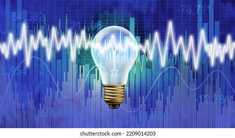 Smart Investing And Financial Idea Concept As A Lightbulb Shining A Light Shaped As A Market Chart Representing Money Making Ideas And Economic Strategy With 3D Illustration Elements. 