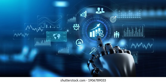 Smart KPI Key Performance Indicator Business Productivity. Robotic Arm 3d Rendering.