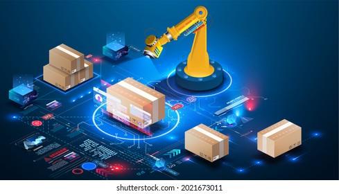 Smart Logistics Industry 4.0. Asset Warehouse And Inventory Management Supply Chain Technology Concept. 3D Robot Palletizing Systems, Robotic Arm Loading And Scan Cartons On Pallet. Erp. Auditing Data