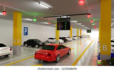 Smart Parking lot Guidance System with Overhead Indicators, Intelligent sensors assist control/monitor, Efficient management, 3D Rendering