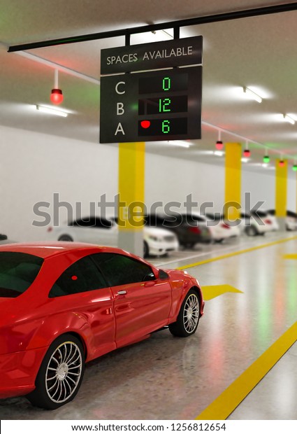 Smart Parking\
lot Guidance System with Overhead Indicators, Intelligent assist,\
Realistic illustration 3D\
Rendering