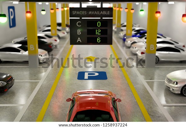 Smart Parking\
lot Guidance System with Overhead Indicators, Intelligent assist,\
Realistic illustration 3D\
Rendering