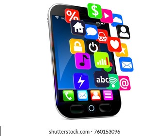 Smart Phone With Aplication Icons Isolated On White Background. 3d Illustration