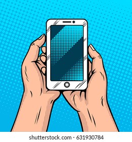 Smart Phone Gadget In Hands Comic Book Pop Art Retro Style Raster Illustration