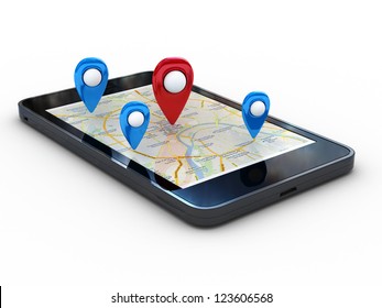 Smart Phone With Map And Geolocation. 3d Rendering Image With Clipping Path