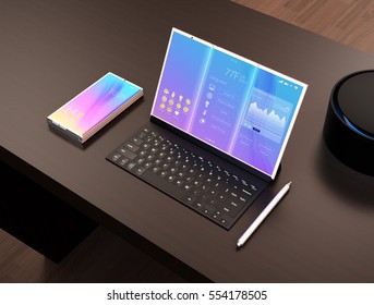 Smart phone, tablet PC, digital pen, keyboard and voice assistant on a dark wood table. The tablet showing home energy management information. 3D rendering image.