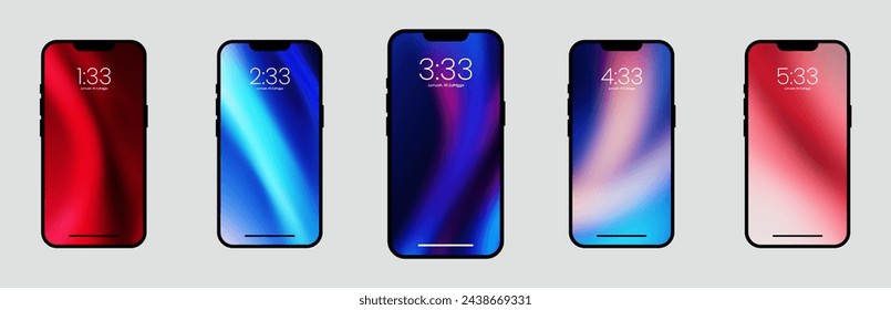 Smart phone technology wallpaper interface backdrops design mockup collection. Different types wallpaper background for smart screen mobile phone. Gradient wallpaper set.
