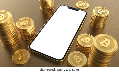 Smart Phone White Screen Mockup With Gold Bitcoin Stack - 3D Rendering