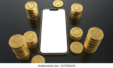 Smart Phone White Screen Mockup With Gold Bitcoin Stack - 3D Rendering