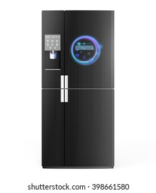 Smart refrigerator with ice dispenser function. User can touch icon on the door to discover more information of food and drink inside. 3D rendering image with clipping path.