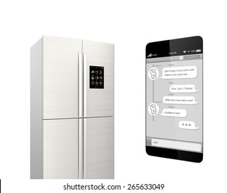 Smart refrigerator with LCD screen for monitoring. User can chat to refrigerator by smartphone chat app. Concept  of IoT. Original design. Clipping path available.