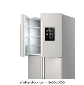 Smart refrigerator with LCD screen. People can know what need to buy next. Concept  of IoT.