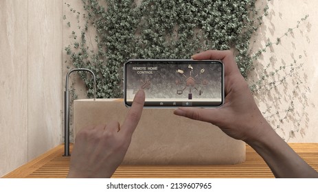 Smart remote home control system on a smart phone. Device with app icons. Interior of minimalist japanese bathroom with bathtub, garden with ivy in the background, architecture design, 3d illustration - Powered by Shutterstock