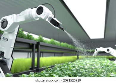 Smart robotic farmer spraying fertilizer on vegetable green plants, Agriculture technology, Farm automation. 3D illustration